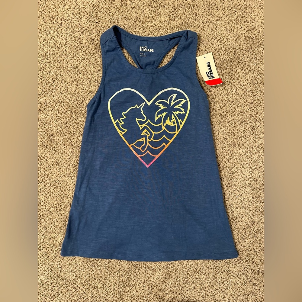 NWT Girls Size L 10/12 Blue Rainbow Unicorn Tank Top